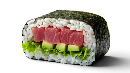 A sushi sandwich (onigirazu) with layers of raw tuna, avocado, lettuce, and sushi rice wrapped in nori, cut in half to reveal the filling