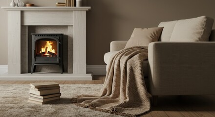 Fototapeta premium Home Interior With Fireplace and Sofa. Cozy Living Room. Christmas, New Year's. Thanksgiving Day. Family Evening. Stay Home concept. Copy space