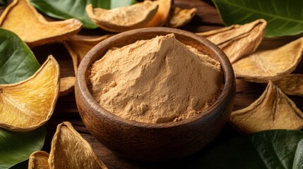 Bael fruit powder in a wooden bowl, surrounded by dried bael slices and leaves