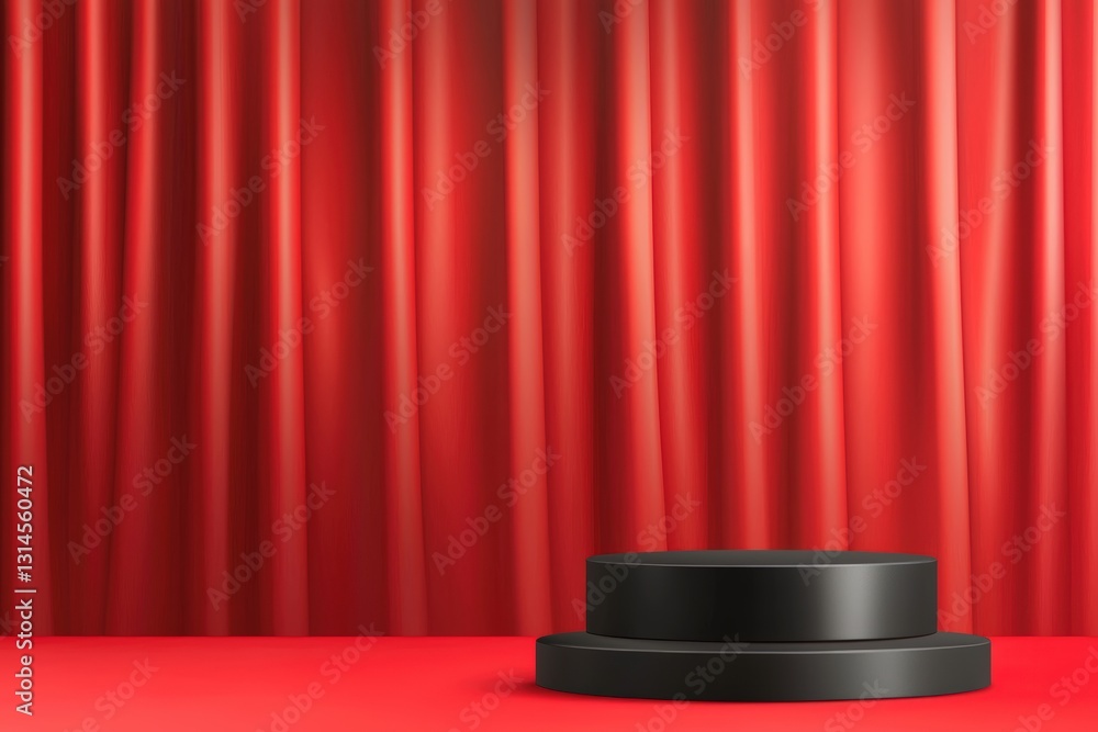 Poster a simple stage set up with a black podium against a backdrop of red curtains, creating a dramatic an