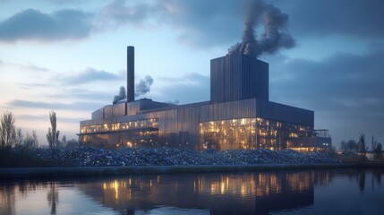 Obraz premium A modern industrial facility emitting smoke, illuminated against a twilight sky, reflecting in the water nearby.