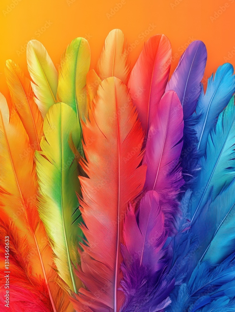 Poster vivid spectrum of soft feathers on bright orange background creating a vibrant and colorful display 