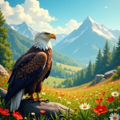 Fototapeta premium Majestic eagle, vibrant wildflowers, summer scene, branch, freedom