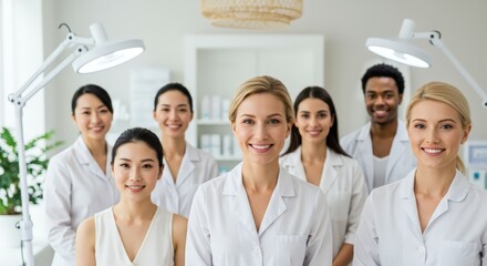 Diverse team of beauty clinic workers, smiling cosmetologists. International Women's Day, Mother's Day greeting. Health and beauty industry. Professional service concept.