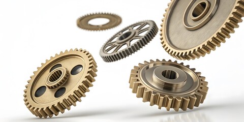Flying Bronze Gears in Motion with Industrial Background Design