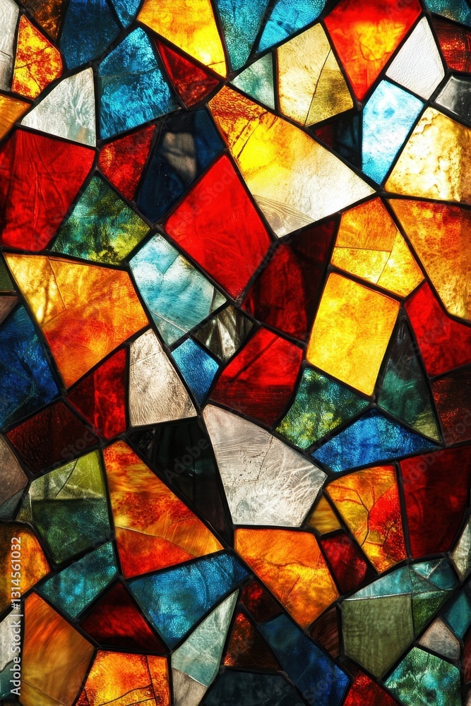 Poster vibrant stained glass mosaic with geometric shapes creating a colorful and textured abstract design 