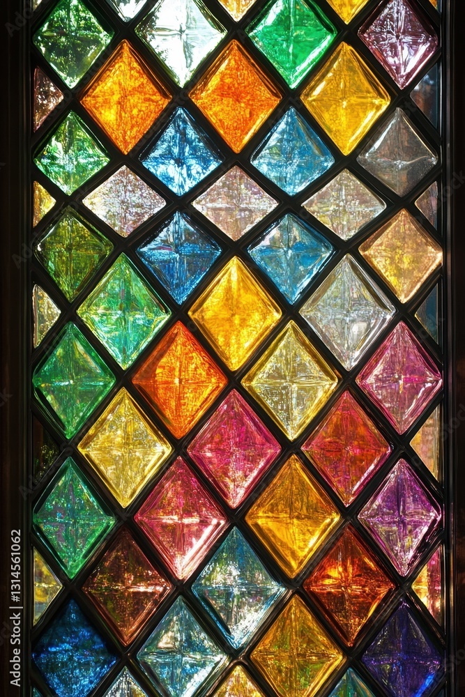 Poster vibrant stained glass window with geometric diamond pattern showcasing a kaleidoscope of colors and 