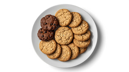 A plate of assorted cookies, including chocolate chip, peanut butter, oatmeal, and sugar cookies, neatly arranged on a white dish
