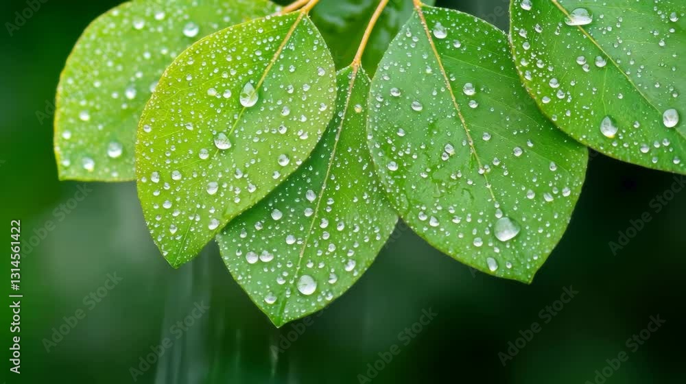 Poster serene nature fresh dew on green leaves with soft focus bokeh background creating tranquil scene