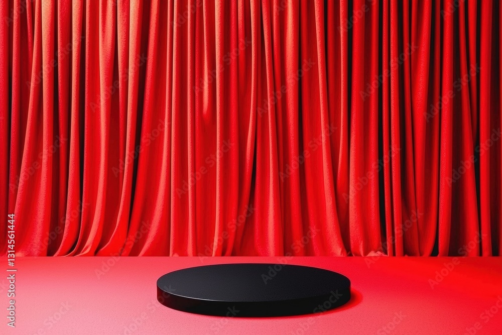 Poster a minimalistic stage setup with a circular black platform against vibrant red curtains, creating a d
