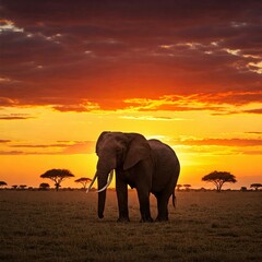 Fototapeta premium Majestic Elephant at Sunset: A solitary African elephant stands proudly silhouetted against the vibrant orange and yellow hues of a breathtaking sunset.