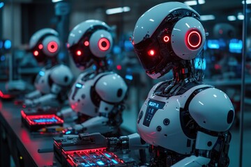 Fototapeta premium Futuristic Robots Working on Advanced Technology in a Modern Factory