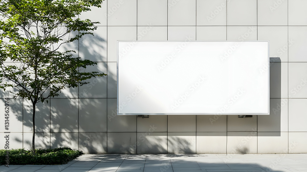 Poster blank white rectangular billboard on a grey concrete wall in a city setting with green tree and shad
