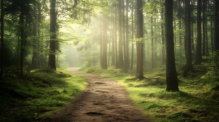 Obraz premium a scenic forest path winding through tall trees, illuminated by sunlight filtering through the canopy