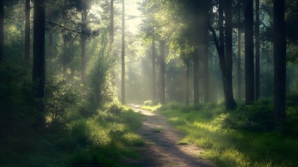 a scenic pathway through a vibrant forest bathed in sunlight, inviting exploration