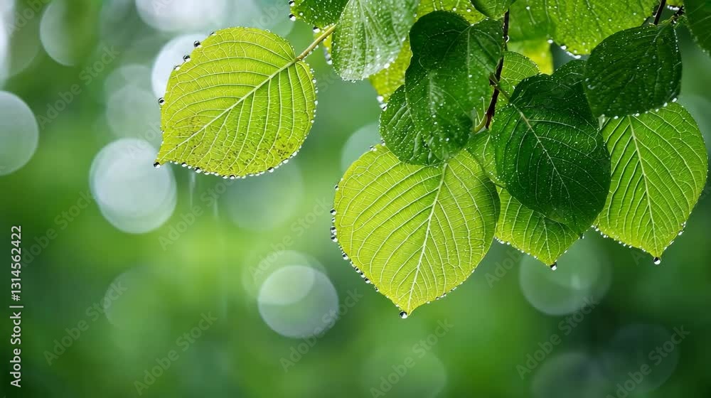Poster fresh dew covered leaves with soft focus bokeh background create serene atmosphere in green nature s