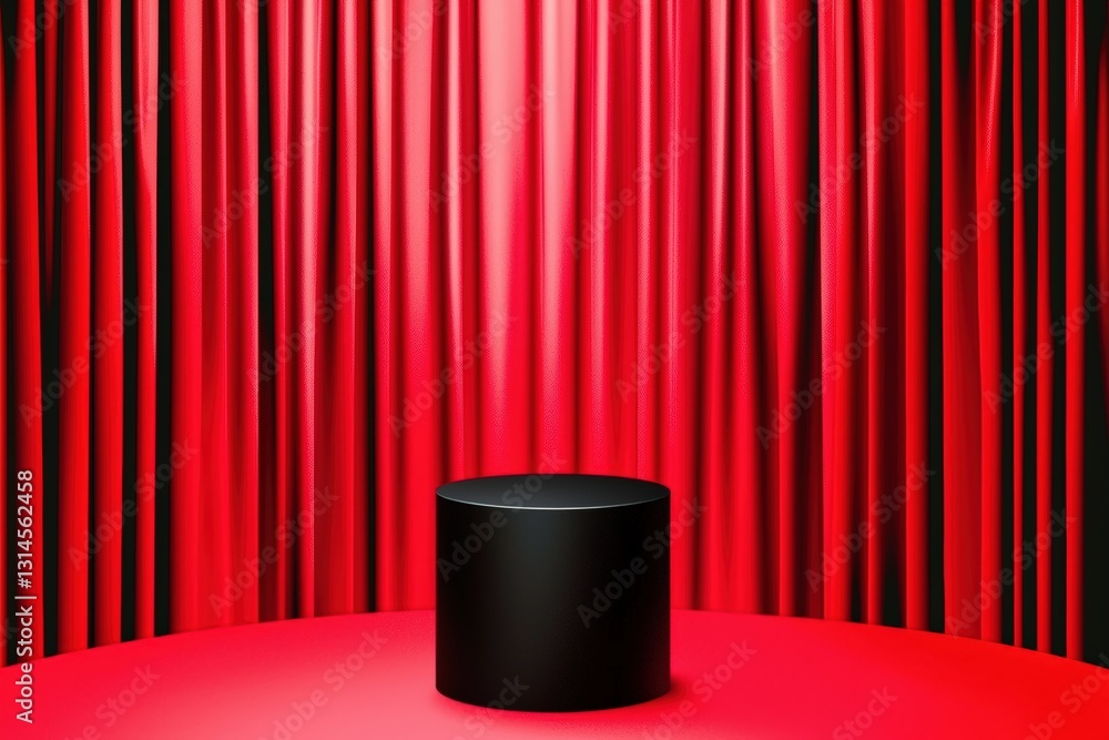 Poster a black cylindrical object is centered against a vibrant red background with flowing curtains, creat