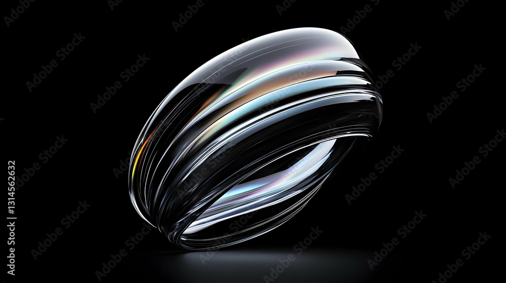 Poster iridescent glossy metallic abstract form swirling and looping in a circular motion against a dark ba