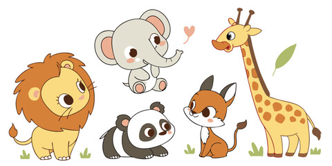 Obraz premium Cute Baby Animals Vector Set – Adorable Cartoon Wildlife Illustrations for Kids & Nursery