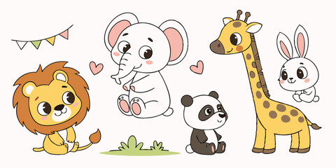 Obraz premium Cute Baby Animals Vector Set – Adorable Cartoon Wildlife Illustrations for Kids & Nursery