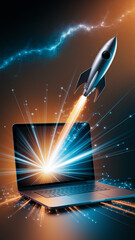 Laptop screen shows bright light, a rocket launching from it, symbolizing fast digital growth, innovation, and technological advancement