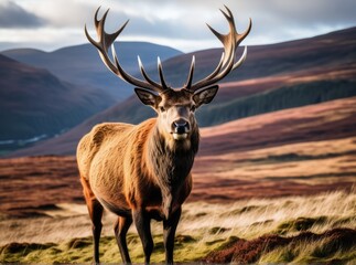 A stag with impressive antlers stands proudly on a lush hillside at sunset. The backdrop features rolling hills and a clear sky, creating a serene natural setting