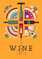 Modern magazine cover or poster with wine bottles and glasses. Restaurant menu design. Vector illustration