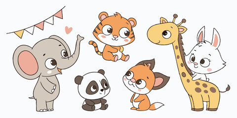 Cute Baby Animals Vector Set – Adorable Cartoon Wildlife Illustrations for Kids & Nursery