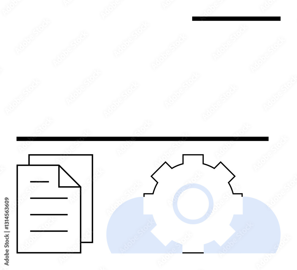 Poster papers stacked beside a gear with a subtle cloud element, indicating process management, tech integr