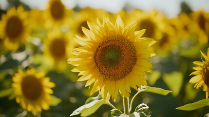 Fototapeta premium sunflowers in a field, a close-up of sunflower facing the camera with many of sunflowers blurred in the background