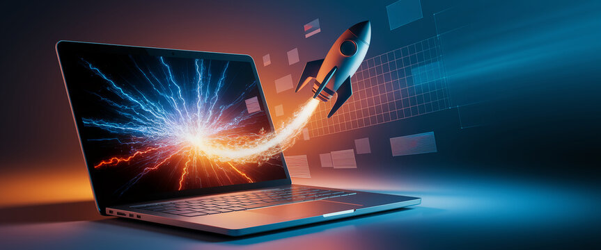 Laptop screen displays energy burst, rocket launching from it, symbolizing fast growth, innovation, and digital transformation in business or technology