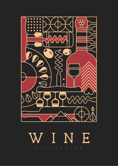 Modern line art magazine cover or poster with wine bottles and glasses. Restaurant menu design. Vector illustration