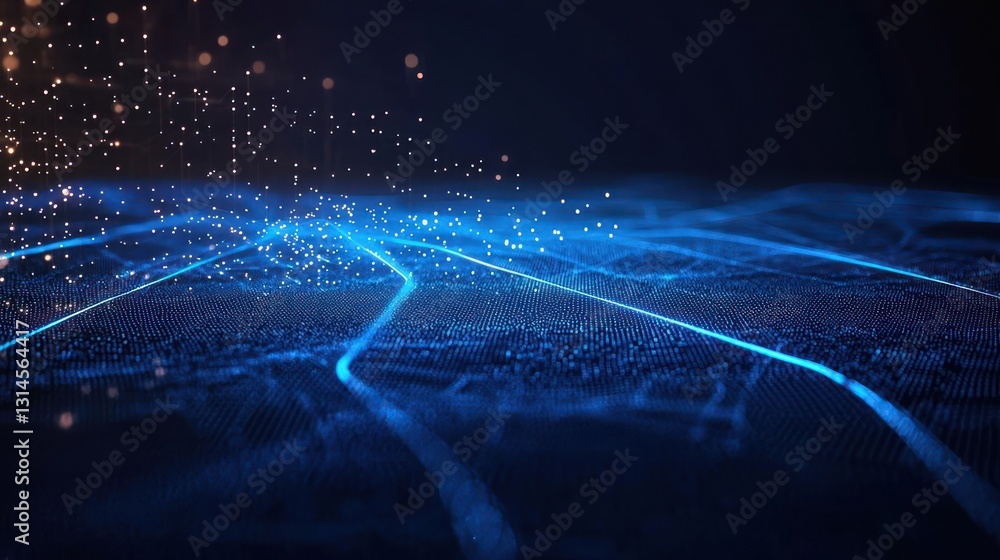 Poster abstract digital data flow with blue glowing lines and particles in dark background