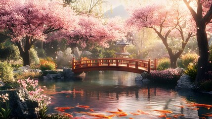 Fototapeta premium a breathtaking view of a japanese garden with cherry blossom trees. A red bridge spans over a serene pond filled with koi fish