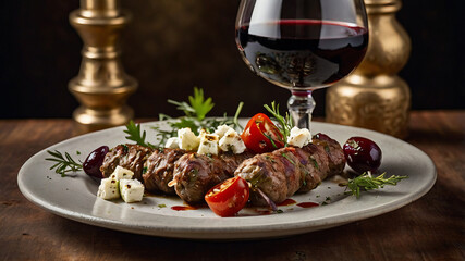 A Greek-inspired luxury lamb seekh kebab served with gourmet feta cheese, sun-dried tomatoes, and Kalamata olives, plated artistically on a fine ceramic dish with a glass of vintage red wine