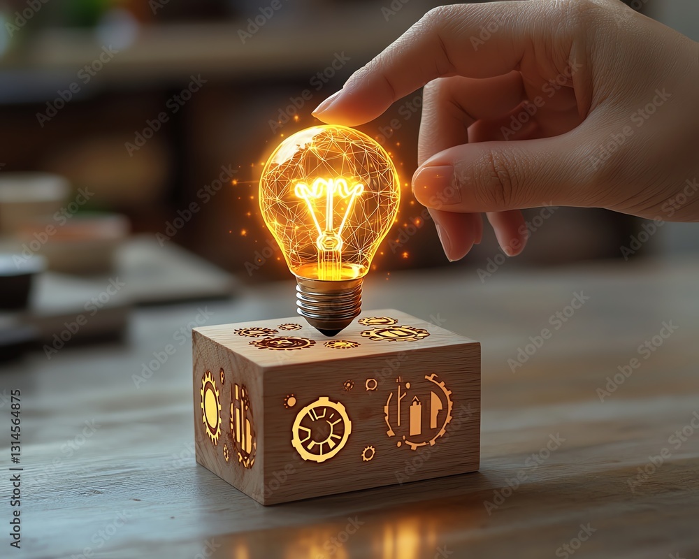 Poster womans hand gently touching a glowing light bulb on a wooden block with the word ideas illuminated