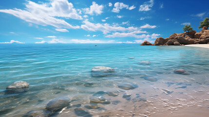 Fototapeta premium Tranquil Beach Scene Clear Water Rocks and Sandy Shore