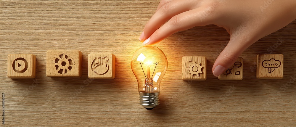 Poster womans hand gently touching a glowing light bulb on a wooden block with the word ideas illuminated