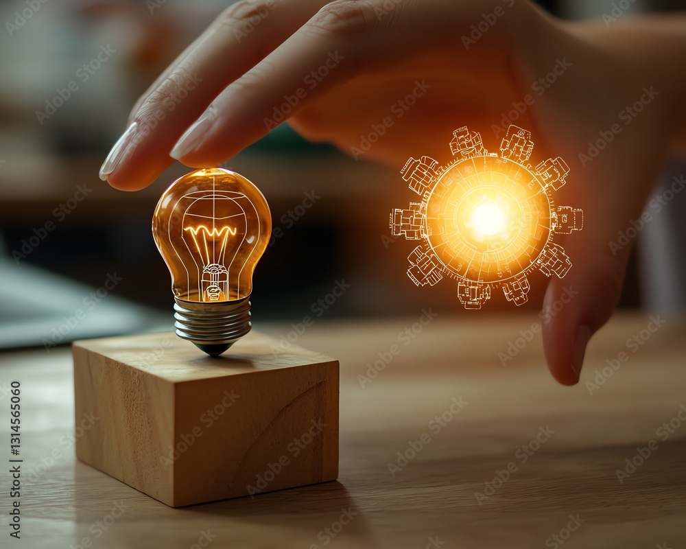 Poster womans hand gently touching a glowing light bulb on a wooden block with the word ideas illuminated