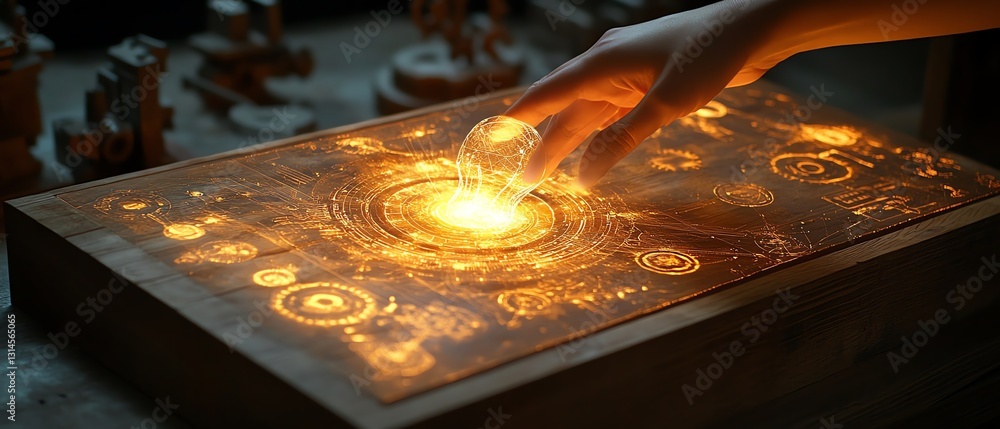 Poster Womans hand gently touching a glowing light bulb on a wooden block with the word Ideas illuminated
