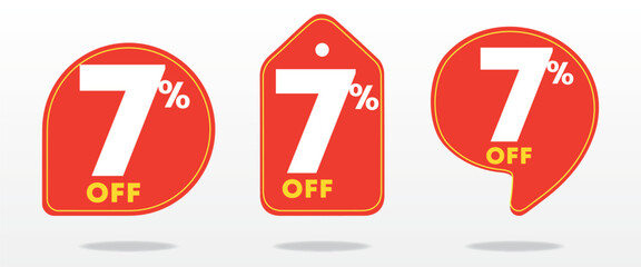 7% discount. Red price tag. Coupon, voucher. Creative design poster, marketing. Sale special offer. Advertising campaign, retail, sticker, announcement. Online shop, value, percent. Set, vector