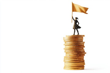 Silhouette of a woman holding a flag standing atop a stack of coins, symbolizing financial success and empowerment.