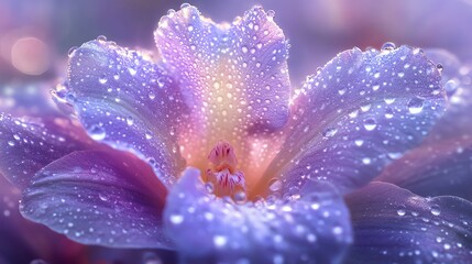 Fototapeta premium Purple Flower Closeup with Water Droplets Sparkling in Soft Light