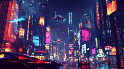 a futuristic cityscape at night, with flying vehicles and vibrant neon lights