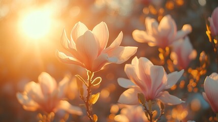 Fototapeta premium Delicate magnolia flowers bloom gracefully as the sun sets, casting a golden hue over the garden. The tranquility of nature is heightened by the gentle rustle of petals in the breeze