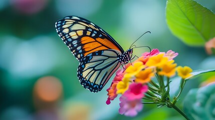 Fototapeta premium a close-up shot of a vibrant butterfly delicately perched on colorful flowers