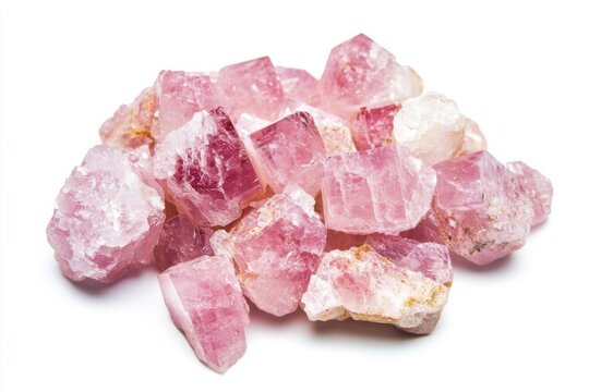 Morganite crystals in various shapes and sizes arranged on a bright white background