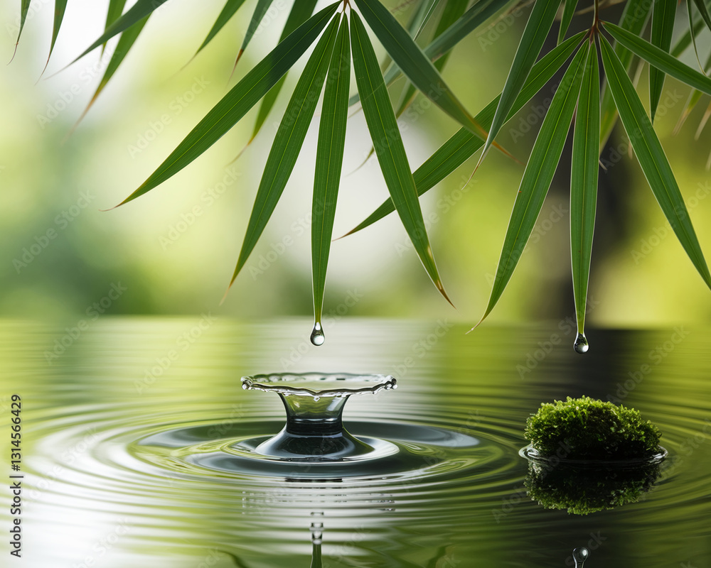 Aufkleber water droplet impacting still water, creating concentric ripples, with bamboo leaves and moss adding