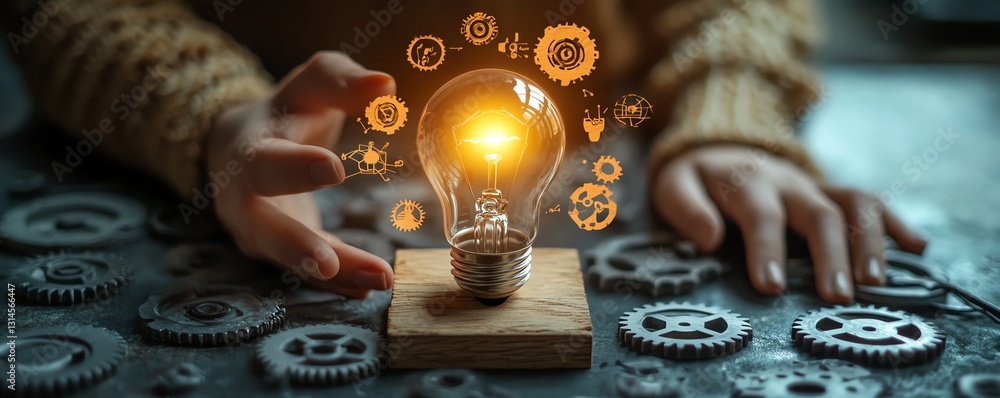 Poster hand of a woman reaching out to touch a glowing light bulb resting on a wooden block with ideas engr