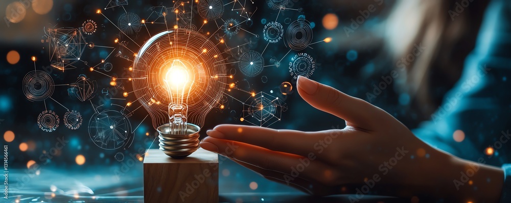 Poster hand of a woman reaching out to touch a glowing light bulb resting on a wooden block with ideas engr